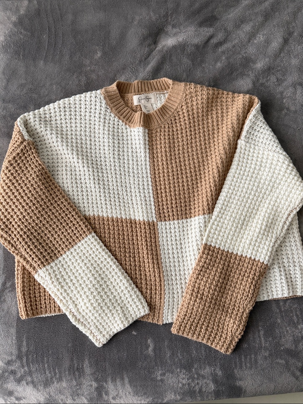 Jessica Simpson Colorblock Cream & Tan Waffle Knit Crop Sweater